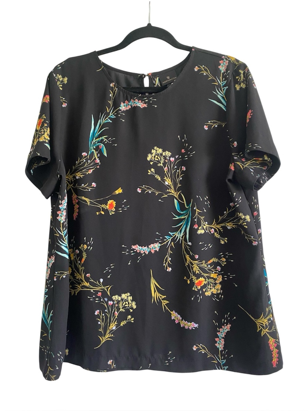 Worthington Black Floral Blouse Short Sleeve Keyhole Back Size Large